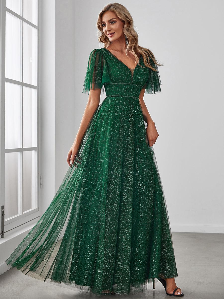 Jolie robe de soirée longue en tulle avec col en V profond #Couleur_Vert Fonce