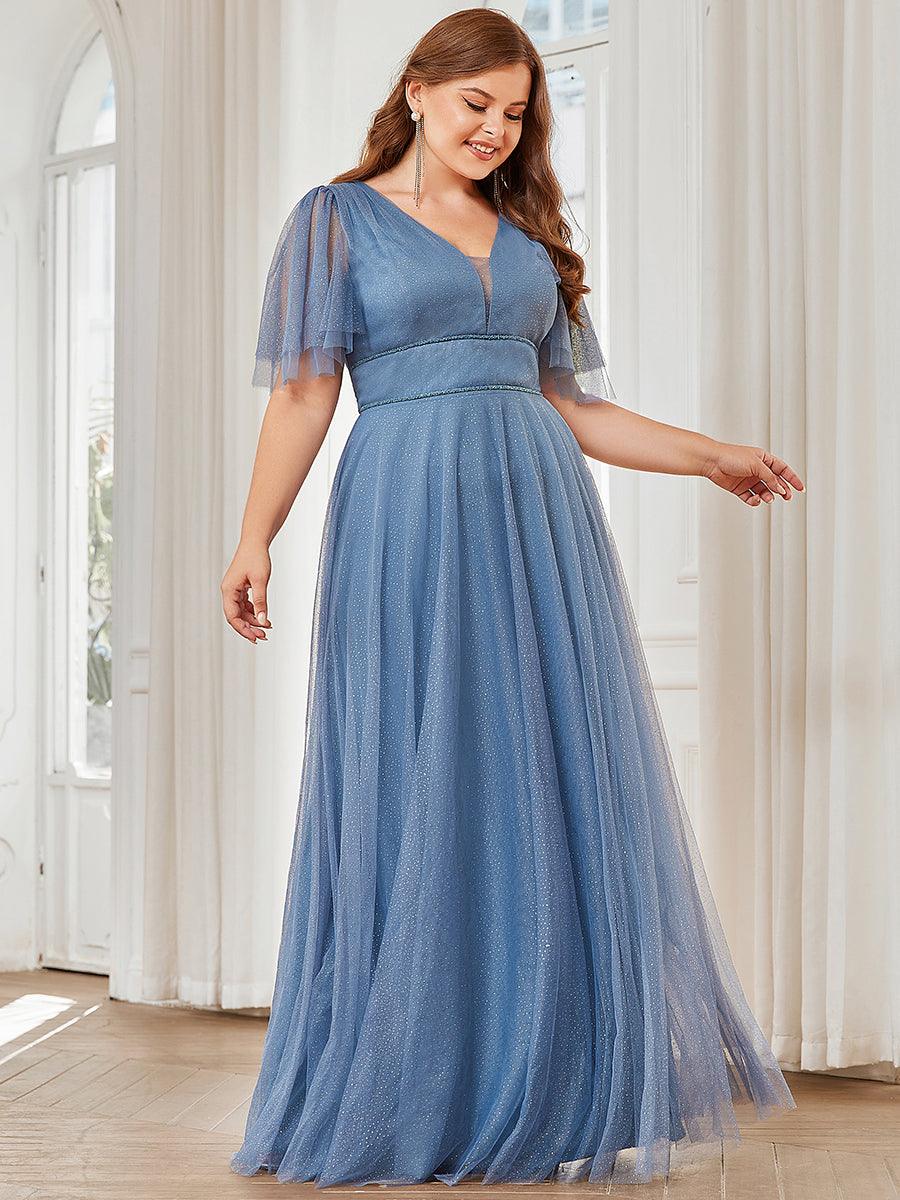 Jolie robe de soirée longue en tulle avec col en V profond #Couleur_Marine Fume