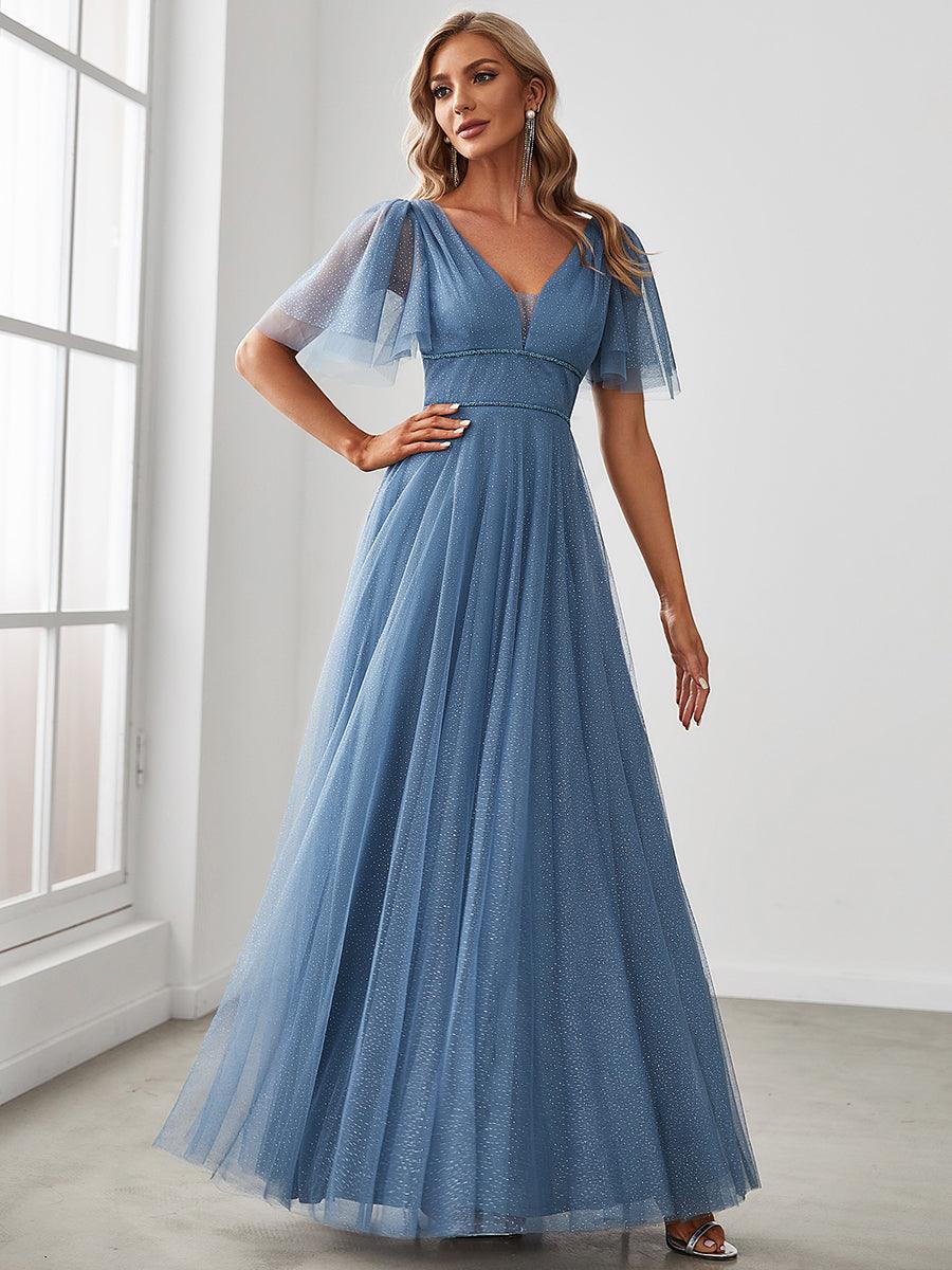 Jolie robe de soirée longue en tulle avec col en V profond #Couleur_Marine Fume