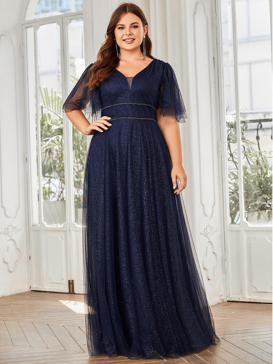 Robe de soirée romantique en tulle grande taille avec col en V profond #Couleur_Bleu Marine