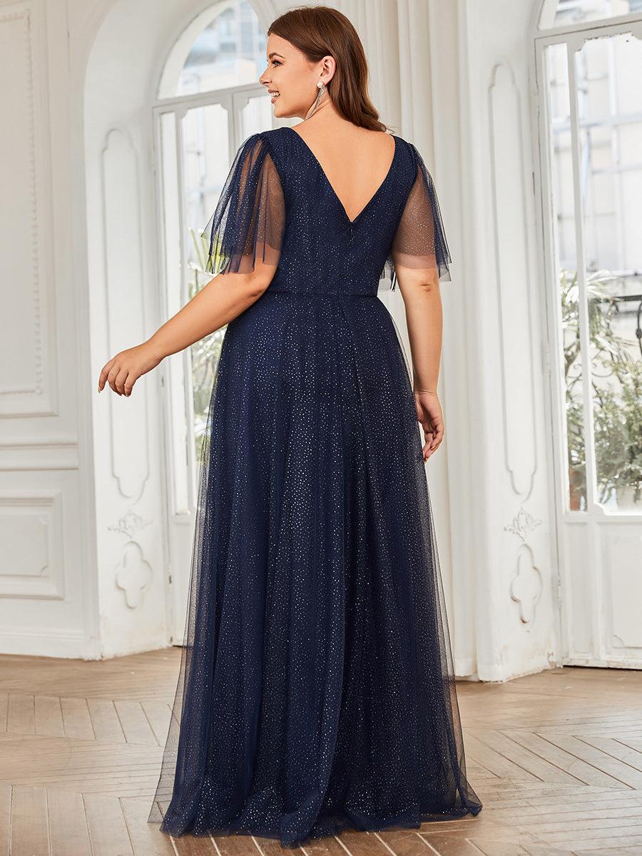 Robe de soirée romantique en tulle grande taille avec col en V profond #Couleur_Bleu Marine