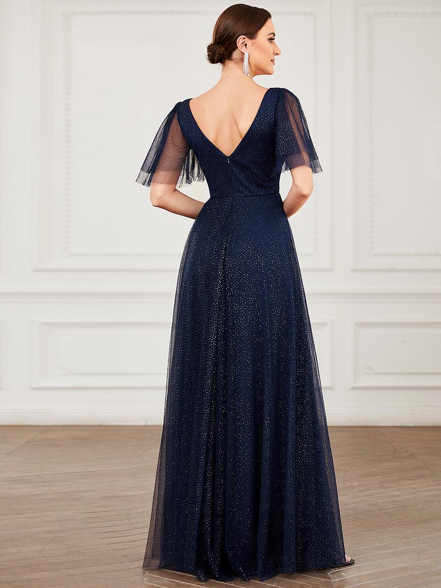 Jolie robe de soirée longue en tulle avec col en V profond #Couleur_Bleu Marine