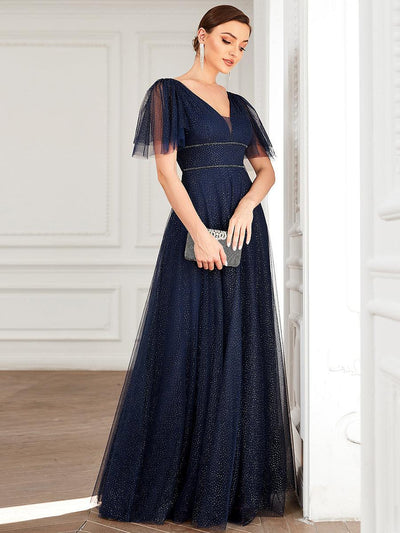 Robe Cocktail Femme Mi-longue à Paillettes Et Tulle - Col V, Manches Courtes, Pour Soirées