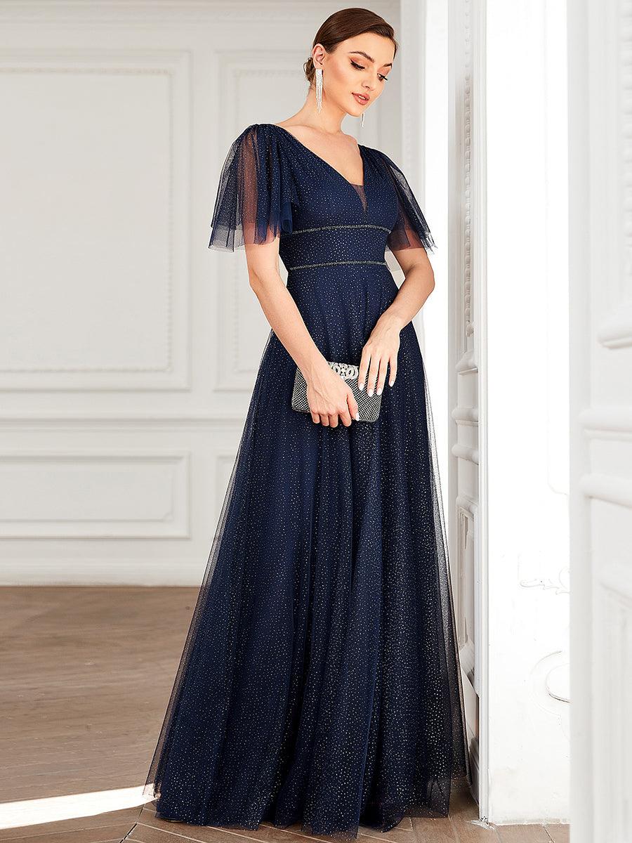 Jolie robe de soirée longue en tulle avec col en V profond