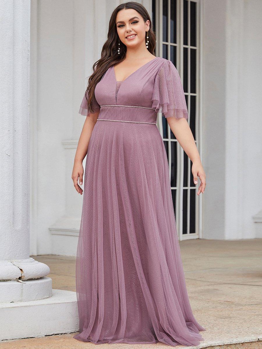 Robe de soirée romantique en tulle grande taille avec col en V profond #Couleur_Orchidee