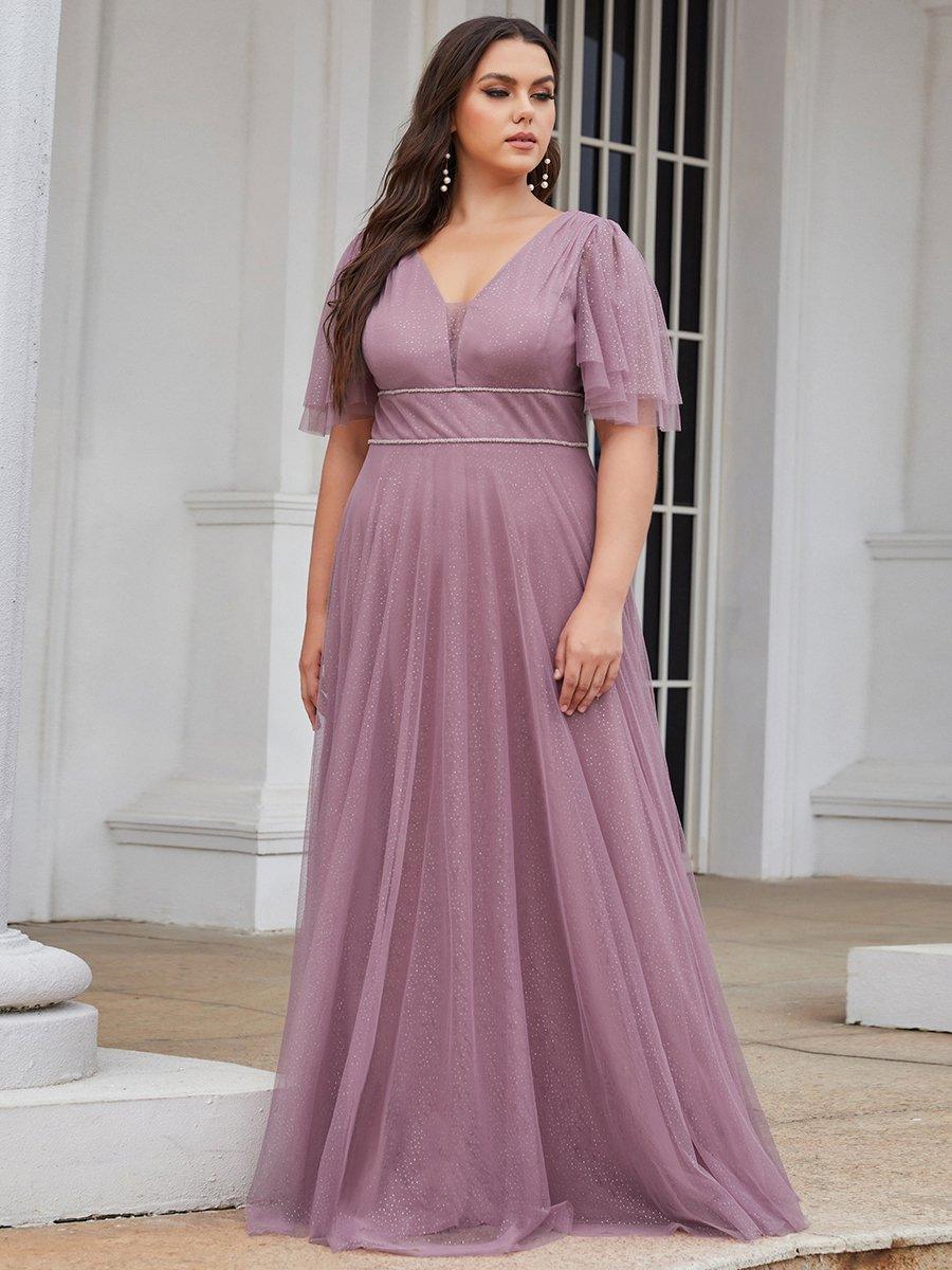 Robe de soirée romantique en tulle grande taille avec col en V profond #Couleur_Orchidee