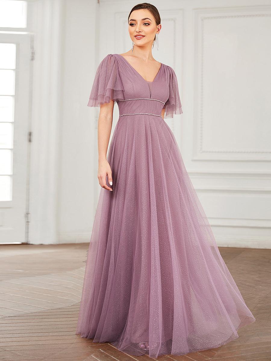 Jolie robe de soirée longue en tulle avec col en V profond #Couleur_Orchidee