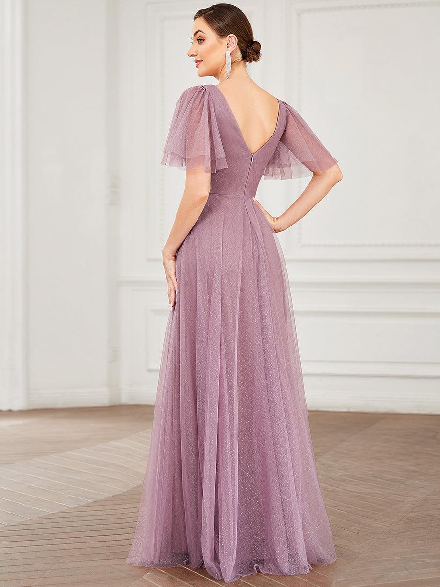Jolie robe de soirée longue en tulle avec col en V profond #Couleur_Orchidee
