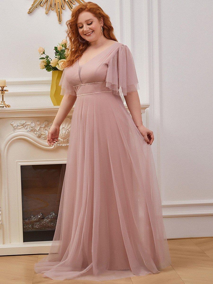 Robe de soirée romantique en tulle grande taille avec col en V profond #Couleur_Rose