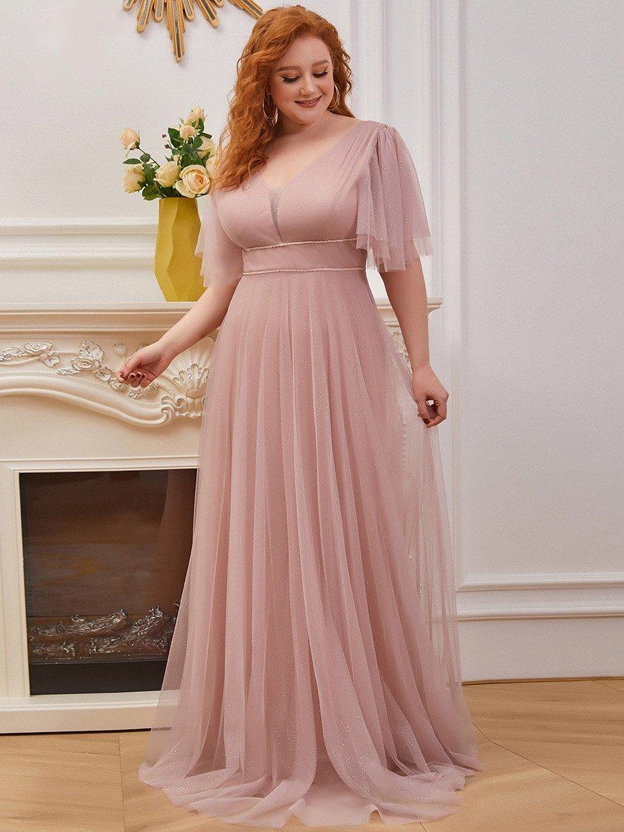Robe de soirée romantique en tulle grande taille avec col en V profond #Couleur_Rose