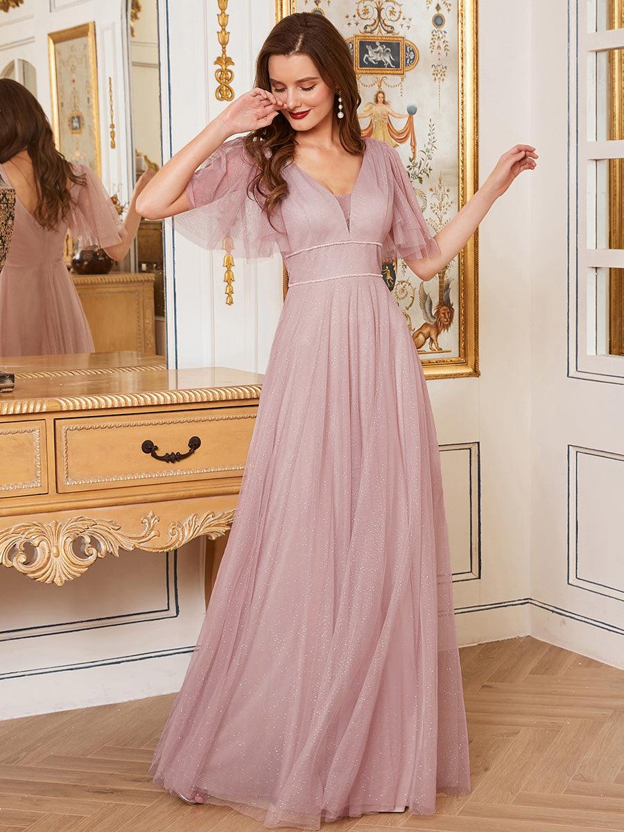 Jolie robe de soirée longue en tulle avec col en V profond #Couleur_Rose