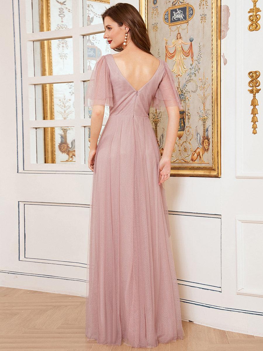 Jolie robe de soirée longue en tulle avec col en V profond #Couleur_Rose
