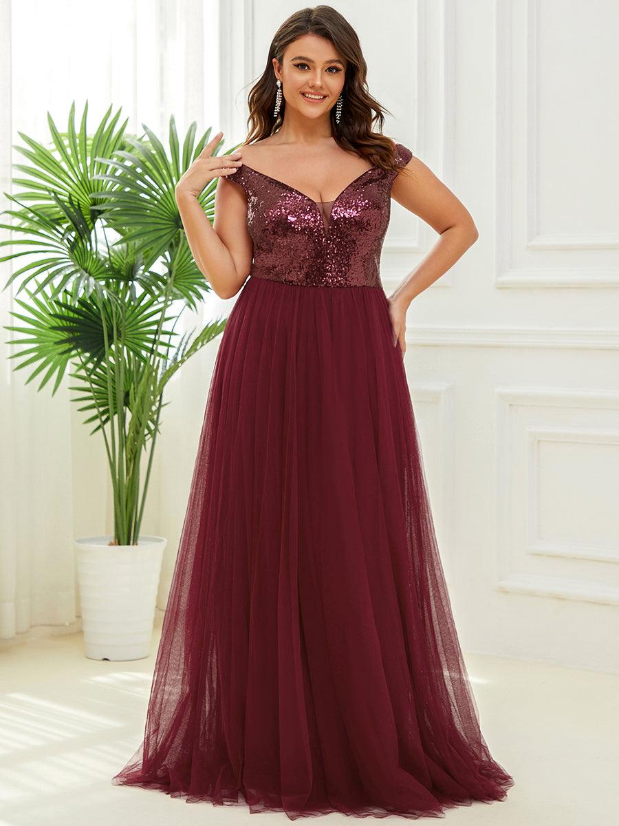 Superbe robe de soirée Grande taille en tulle et paillettes sans manches #Couleur_Bordeaux