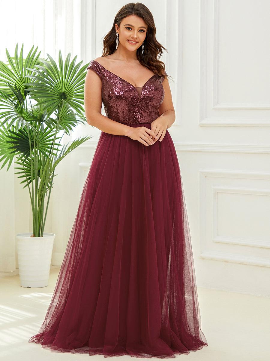 Superbe robe de soirée Grande taille en tulle et paillettes sans manches #Couleur_Bordeaux
