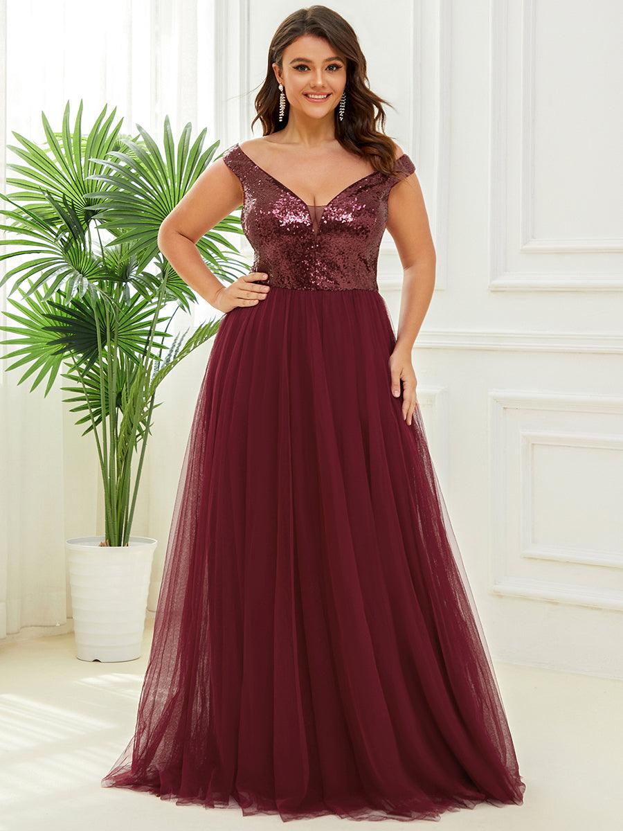 Superbe robe de soirée Grande taille en tulle et paillettes sans manches #Couleur_Bordeaux