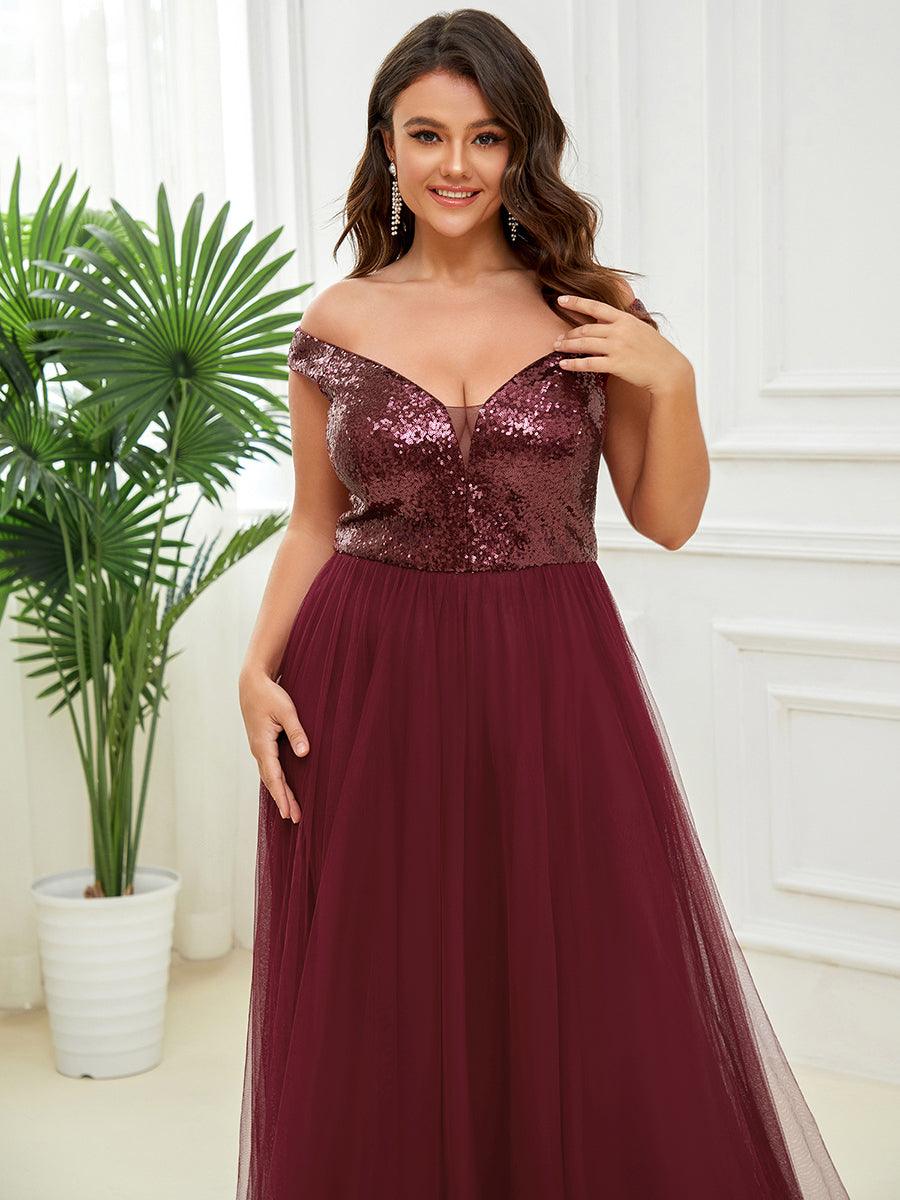 Superbe robe de soirée Grande taille en tulle et paillettes sans manches #Couleur_Bordeaux