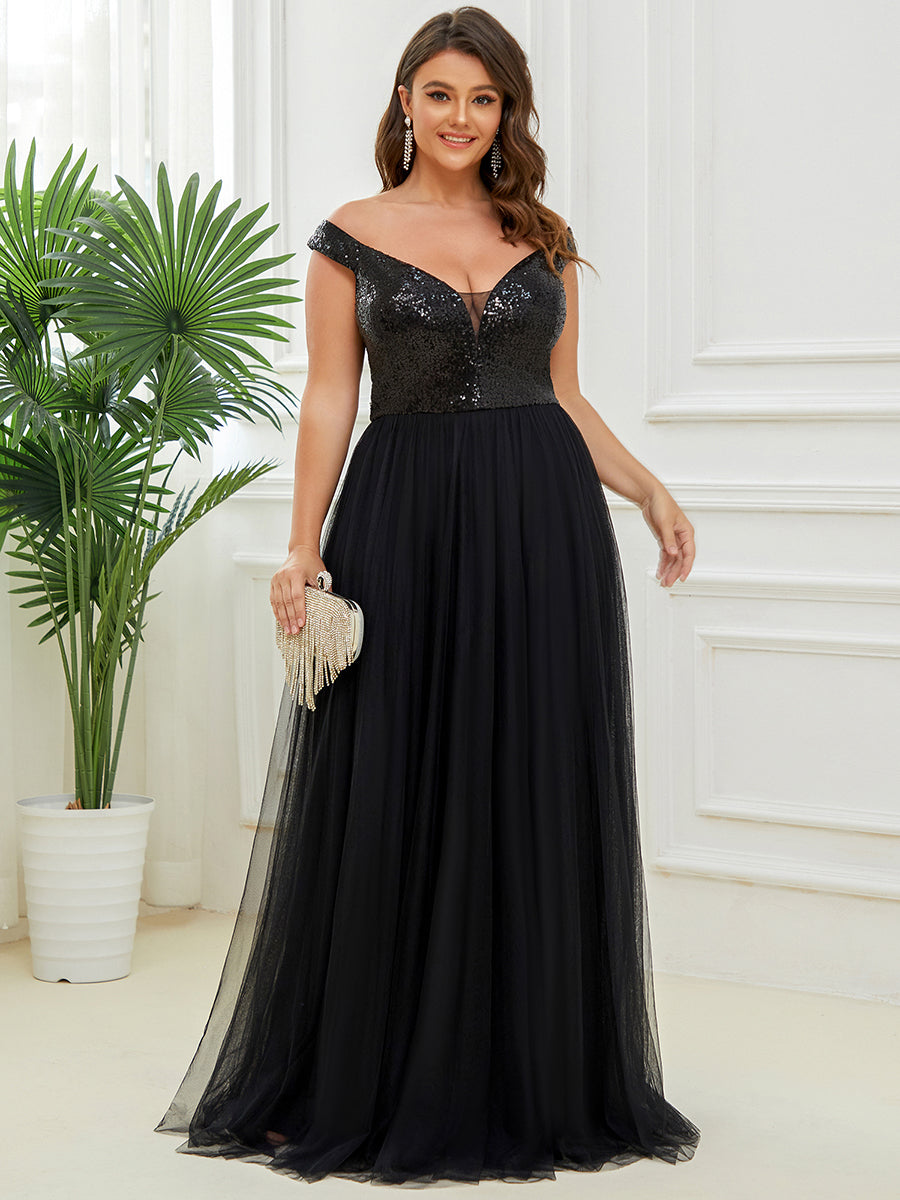 Superbe robe de soirée Grande taille en tulle et paillettes sans manches #Couleur_Noir