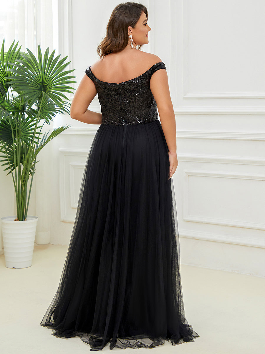 Superbe robe de soirée Grande taille en tulle et paillettes sans manches #Couleur_Noir