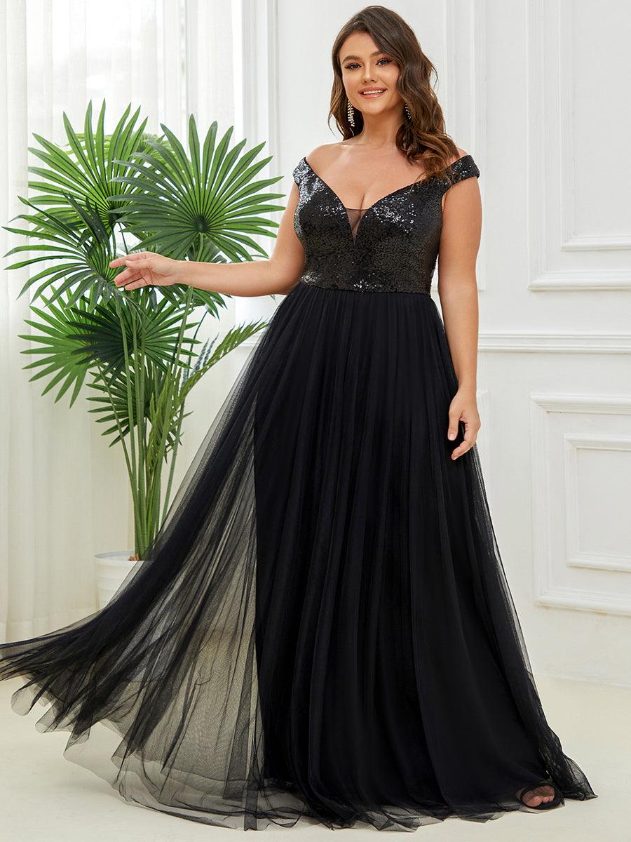 Superbe robe de soirée Grande taille en tulle et paillettes sans manches #Couleur_Noir
