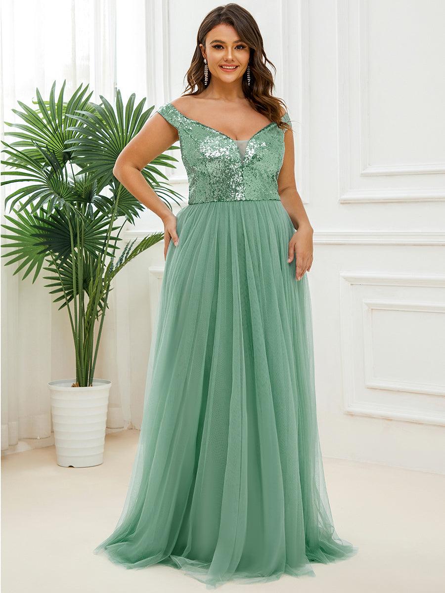 Superbe robe de soirée Grande taille en tulle et paillettes sans manches #Couleur_Haricot Vert