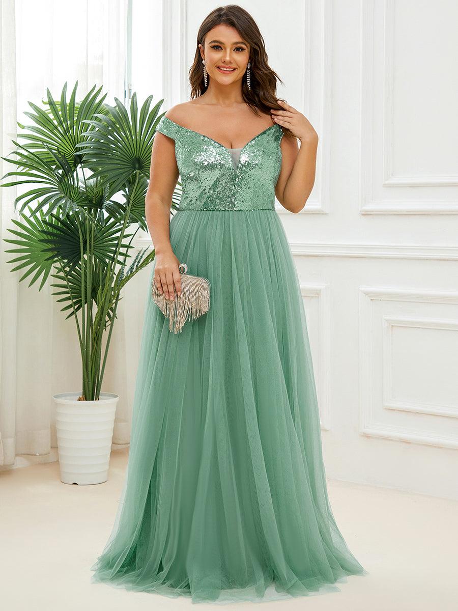 Superbe robe de soirée Grande taille en tulle et paillettes sans manches #Couleur_Haricot Vert