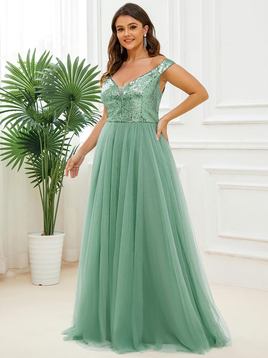 Superbe robe de soirée Grande taille en tulle et paillettes sans manches #Couleur_Haricot Vert