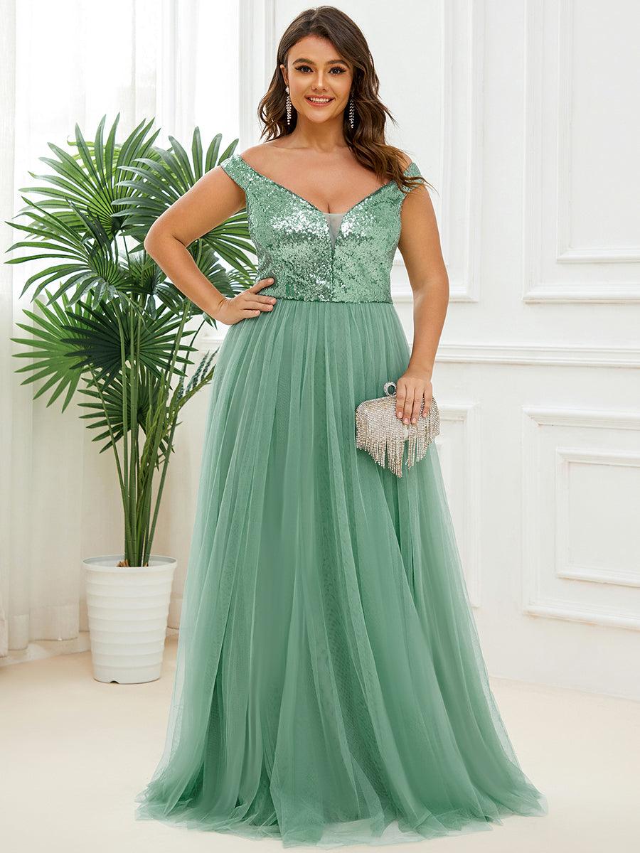 Superbe robe de soirée Grande taille en tulle et paillettes sans manches