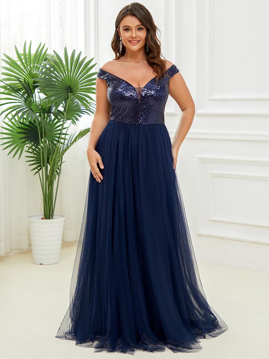 Superbe robe de soirée Grande taille en tulle et paillettes sans manches #Couleur_Bleu Marine