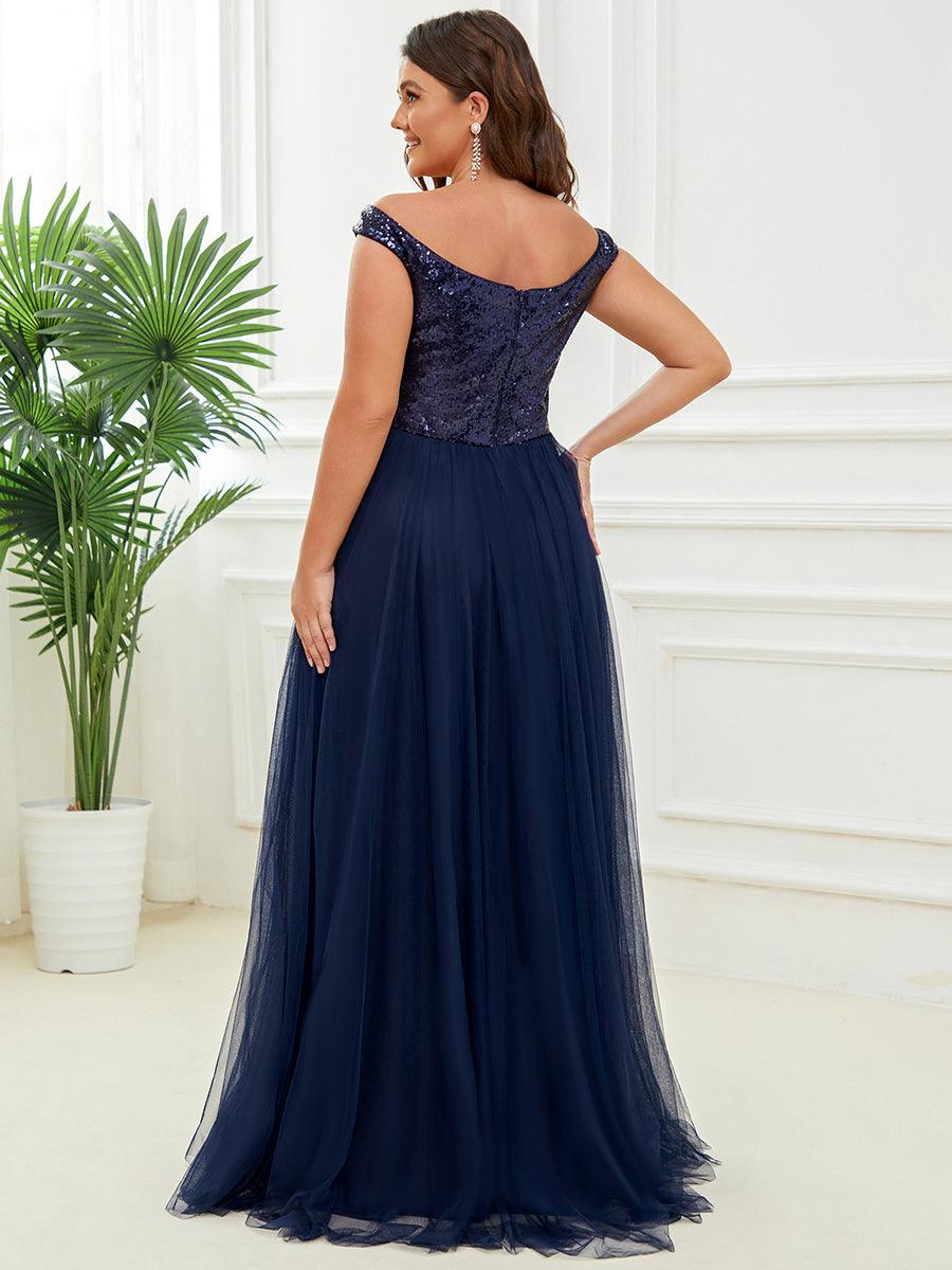 Superbe robe de soirée Grande taille en tulle et paillettes sans manches #Couleur_Bleu Marine