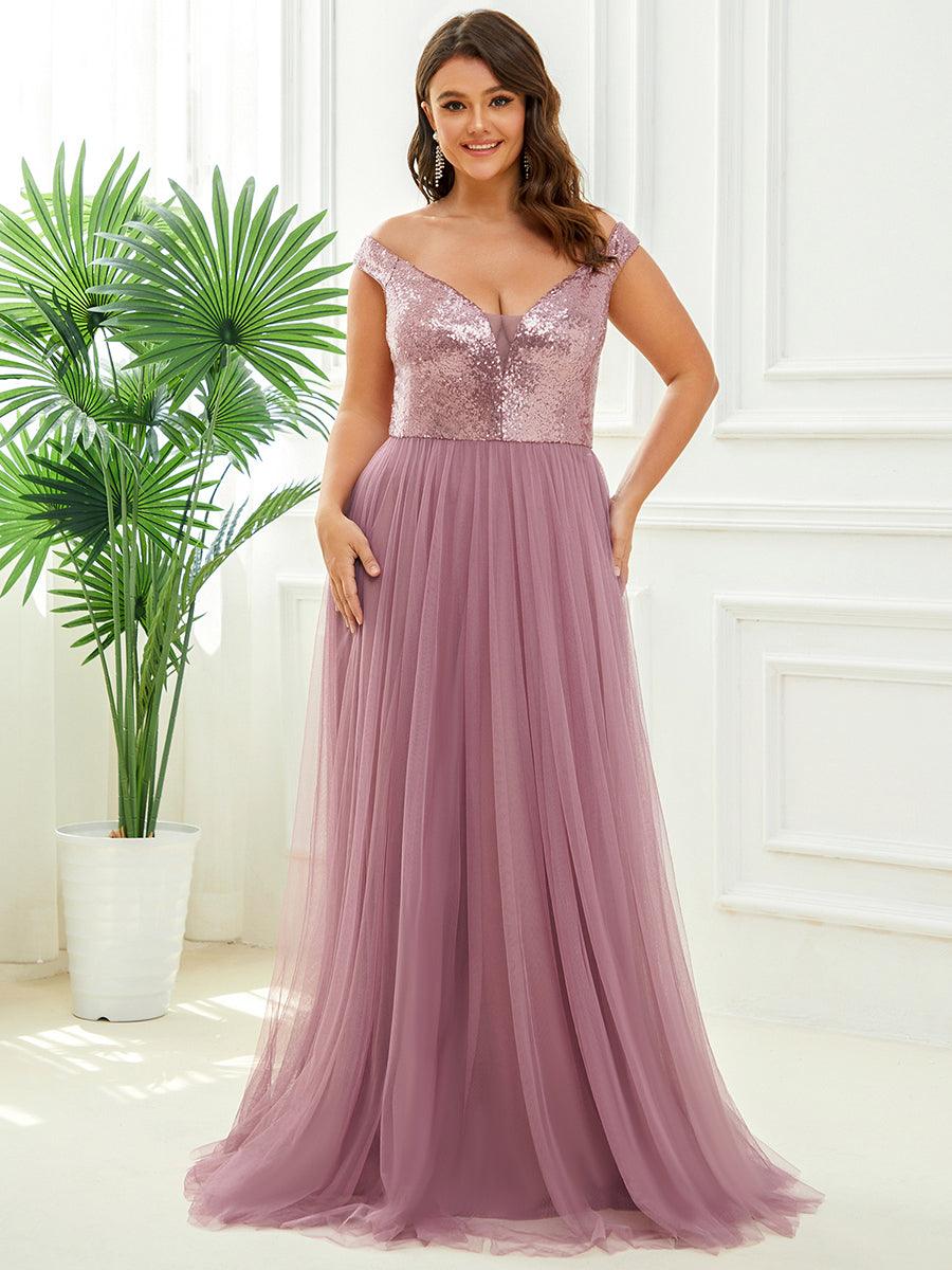 Superbe robe de soirée Grande taille en tulle et paillettes sans manches #Couleur_Orchidee