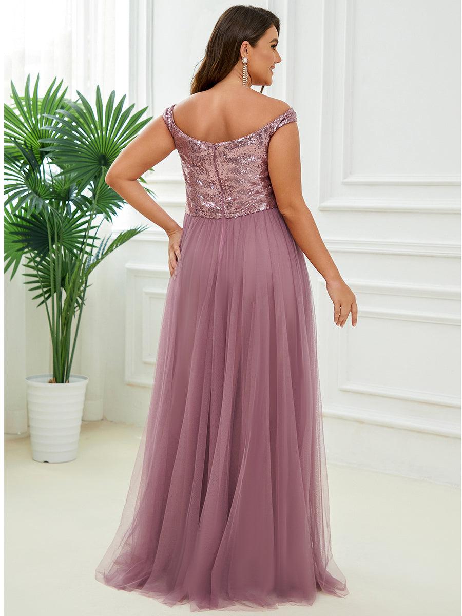 Superbe robe de soirée Grande taille en tulle et paillettes sans manches #Couleur_Orchidee