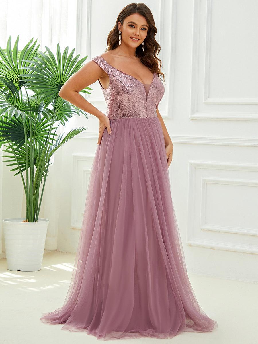Superbe robe de soirée Grande taille en tulle et paillettes sans manches #Couleur_Orchidee