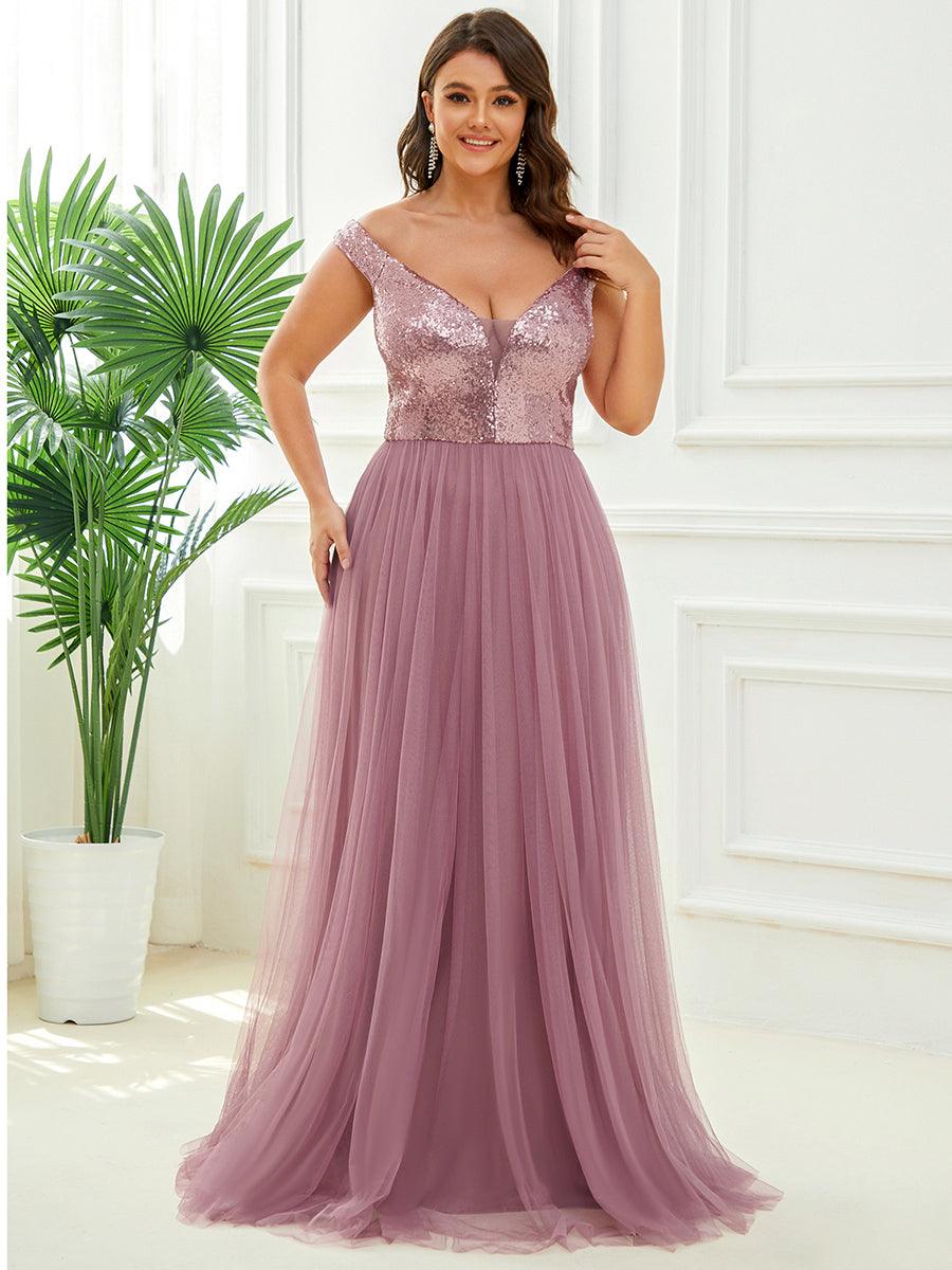 Superbe robe de soirée Grande taille en tulle et paillettes sans manches #Couleur_Orchidee