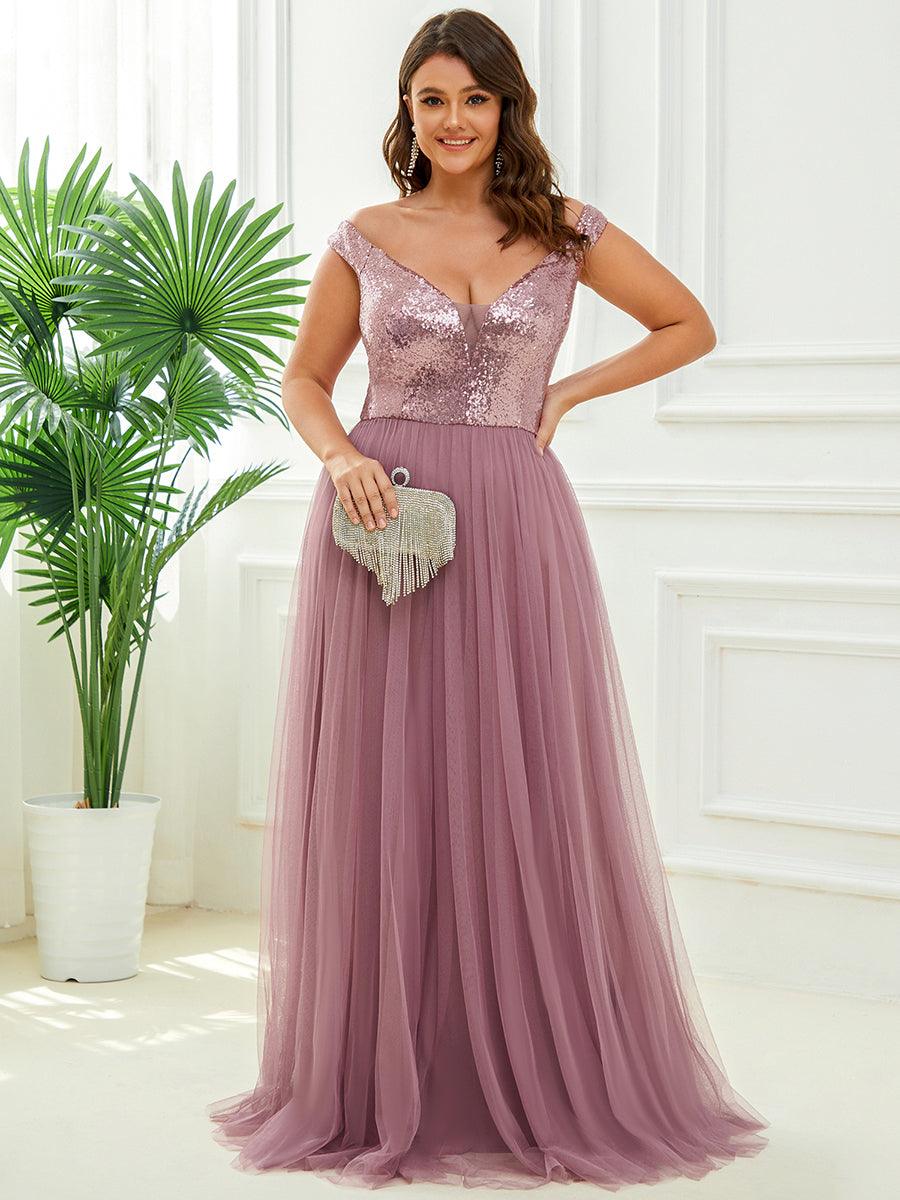 Superbe robe de soirée Grande taille en tulle et paillettes sans manches #Couleur_Orchidee