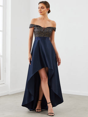 Robe de soirée mi-haute scintillante à épaules dénudées