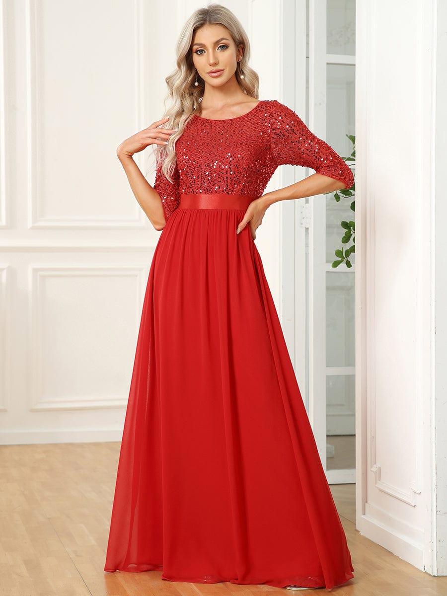 Robe de soirée Chic à encolure ronde et à manches 3/4 sequins #Couleur_Rouge