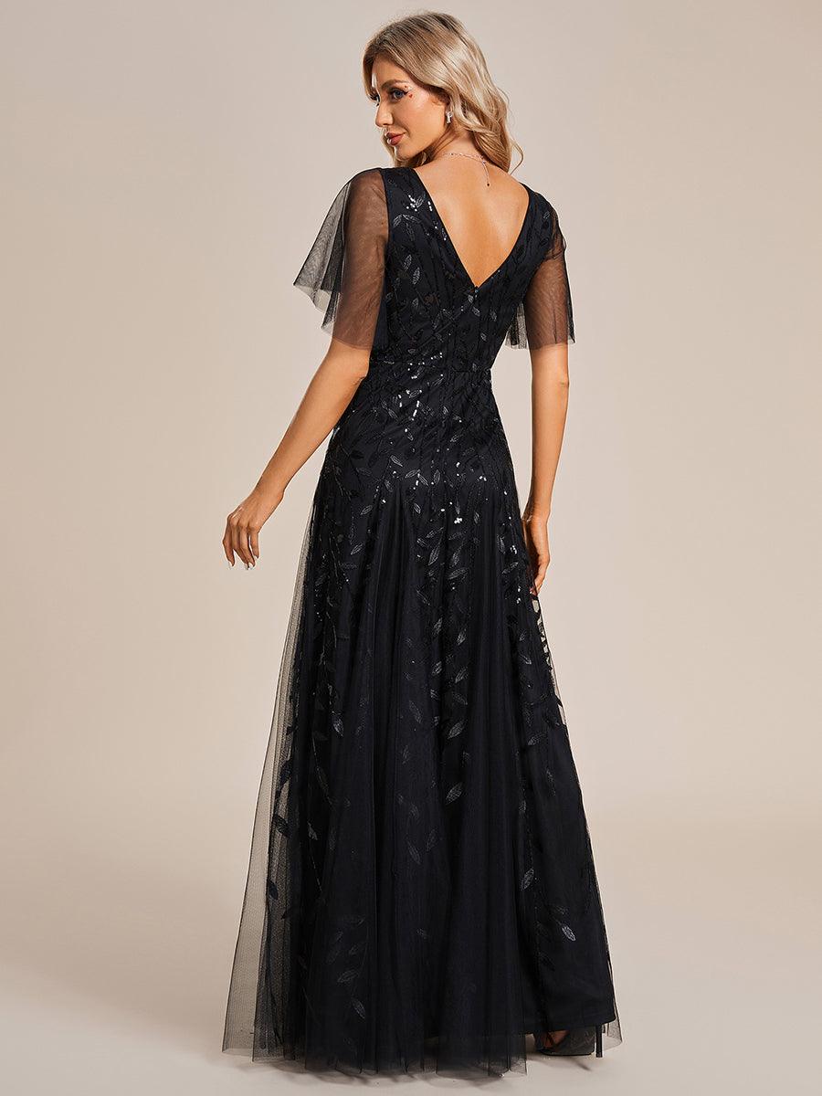 Robe de Soirée Longue Romantique et Scintillante à Col V et Pailletes #Couleur_Noir