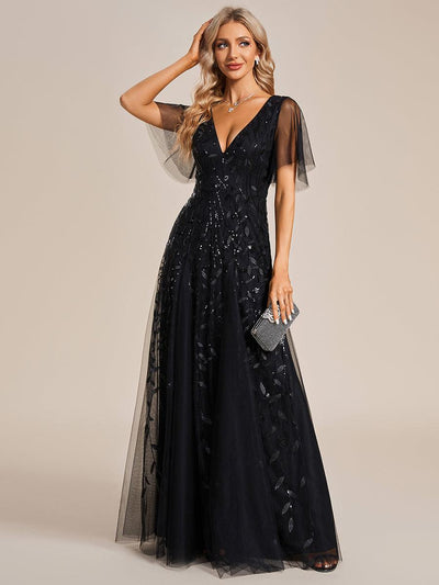 ever ASTRAL|Robe de Soirée Longue Romantique et Scintillante à Col V et Pailletes