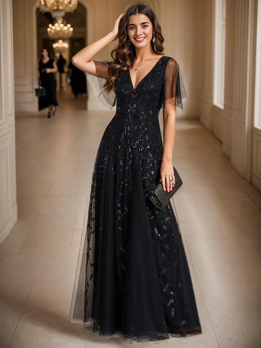 Robe de Soirée Longue Romantique et Scintillante à Col V et Pailletes #Couleur_Noir