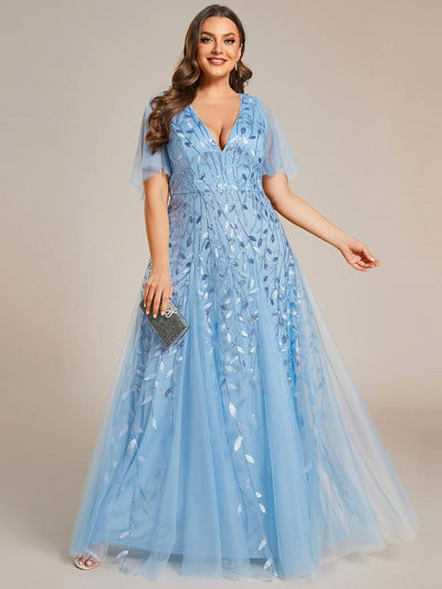 pretty ASTRAL|Robe de soirée romantique grande taille scintillante à col V et manches à volants