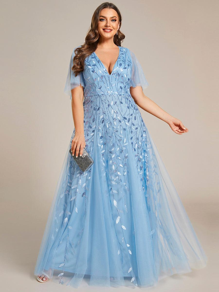 Grande Taille Robe de Soirée Romantique Scintillante à col en V et Manches à Volants #Couleur_Bleu Ciel