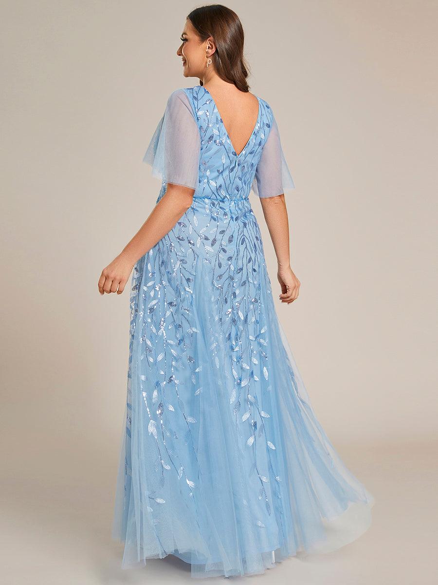 Grande Taille Robe de Soirée Romantique Scintillante à col en V et Manches à Volants #Couleur_Bleu Ciel