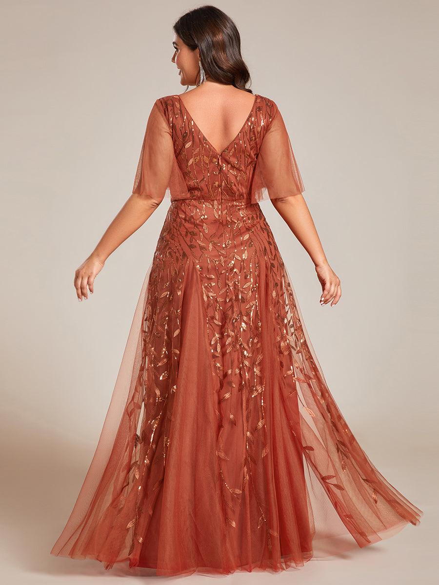 Robe de Soirée Longue Romantique et Scintillante à Col V et Pailletes #Couleur_Burnt Orange