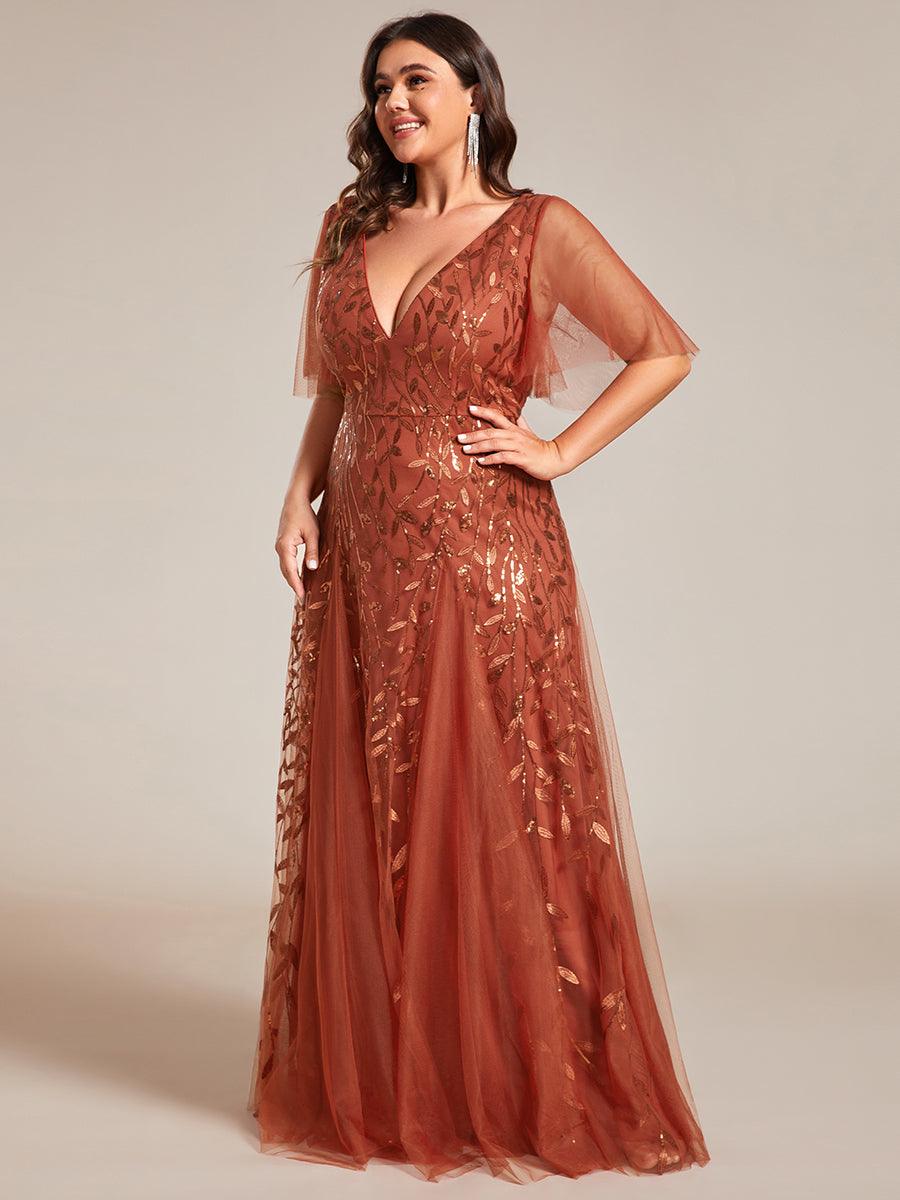 Robe de Soirée Longue Romantique et Scintillante à Col V et Pailletes #Couleur_Burnt Orange