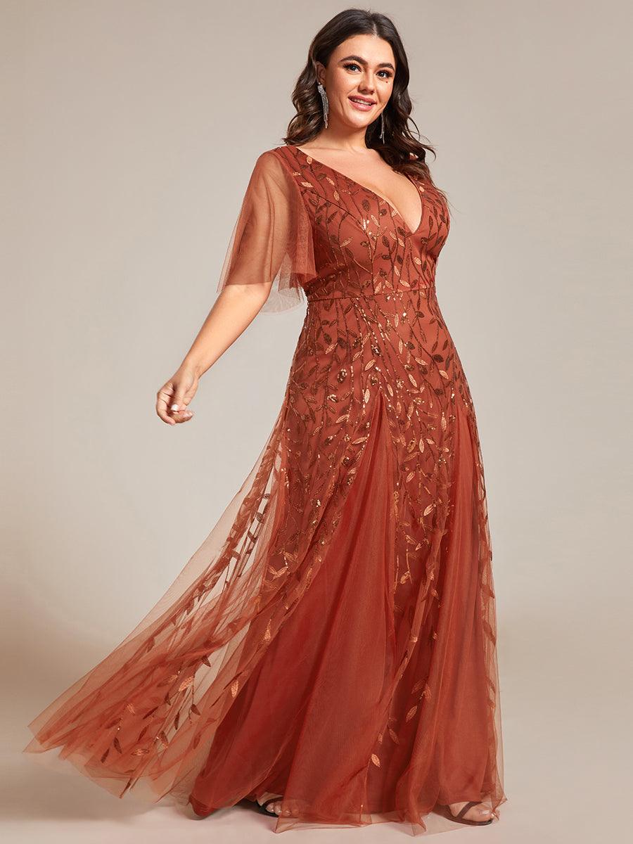Robe de Soirée Longue Romantique et Scintillante à Col V et Pailletes #Couleur_Burnt Orange