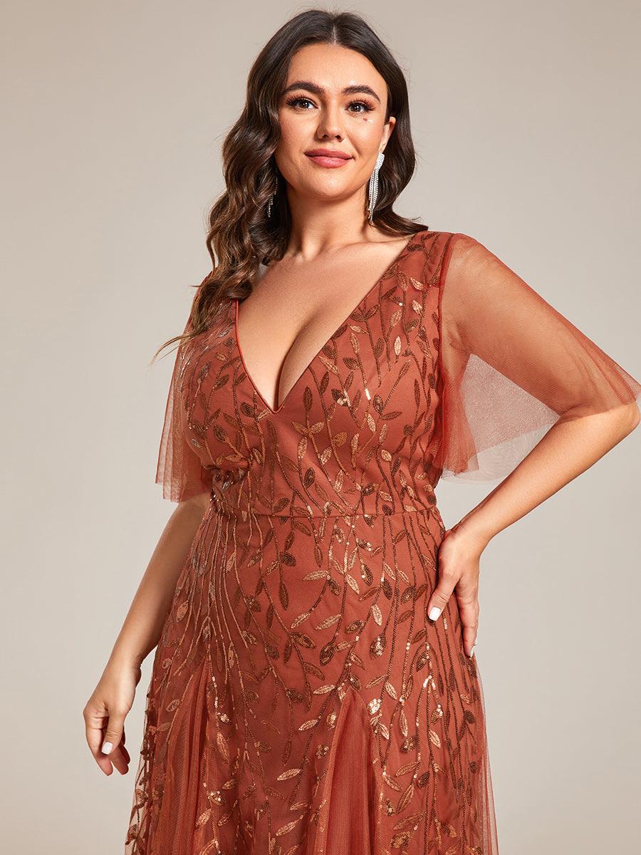 Robe de Soirée Longue Romantique et Scintillante à Col V et Pailletes #Couleur_Burnt Orange