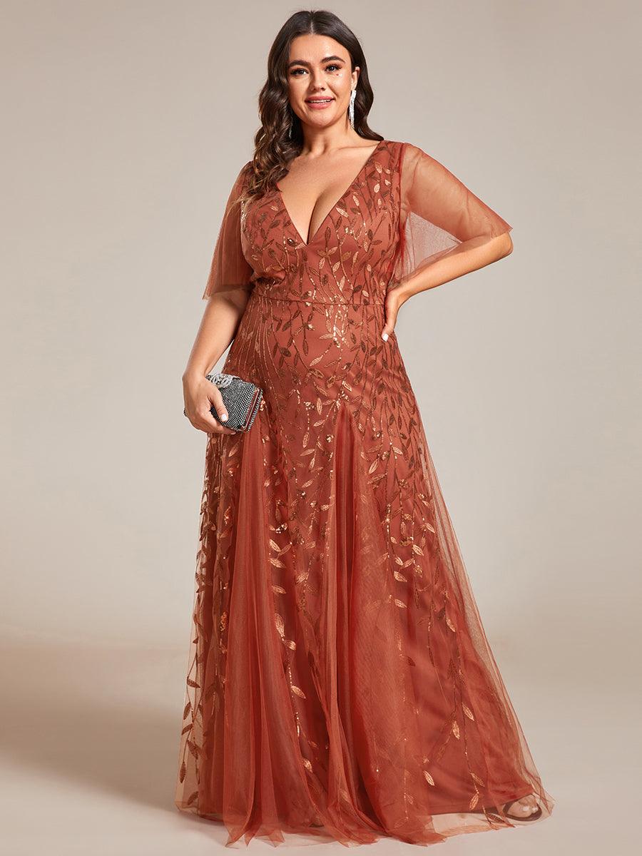 Robe de Soirée Longue Romantique et Scintillante à Col V et Pailletes #Couleur_Burnt Orange