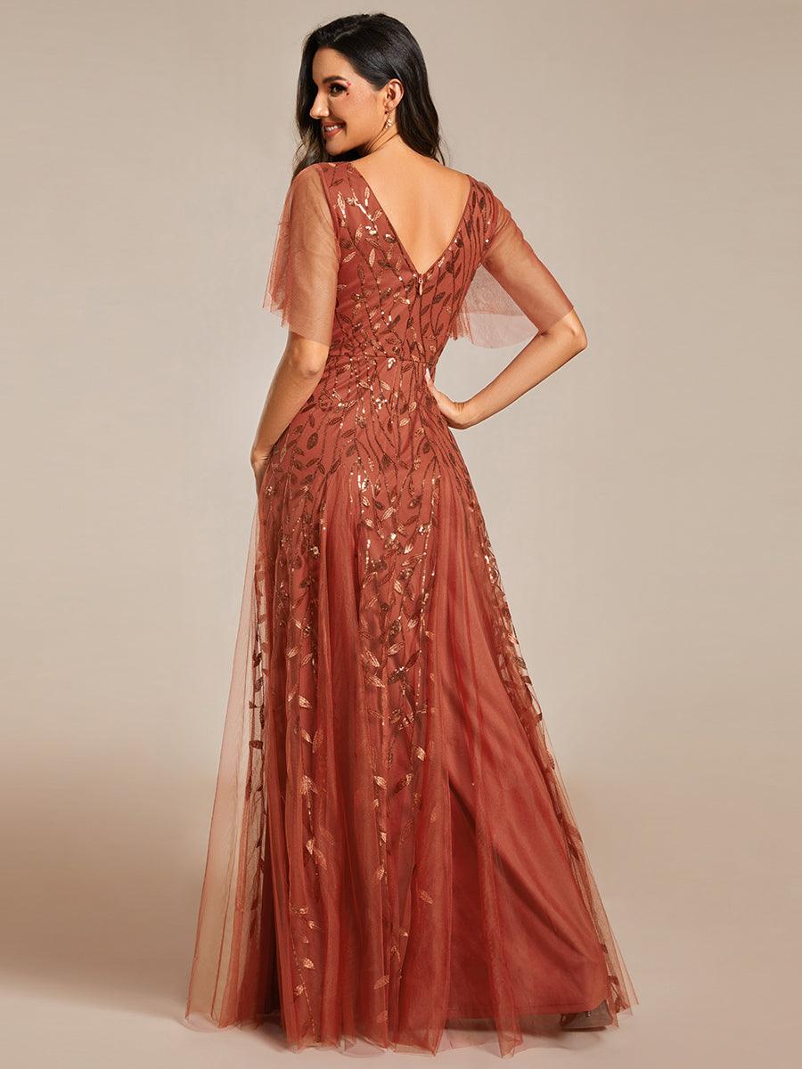 Robe de Soirée Longue Romantique et Scintillante à Col V et Pailletes #Couleur_Burnt Orange