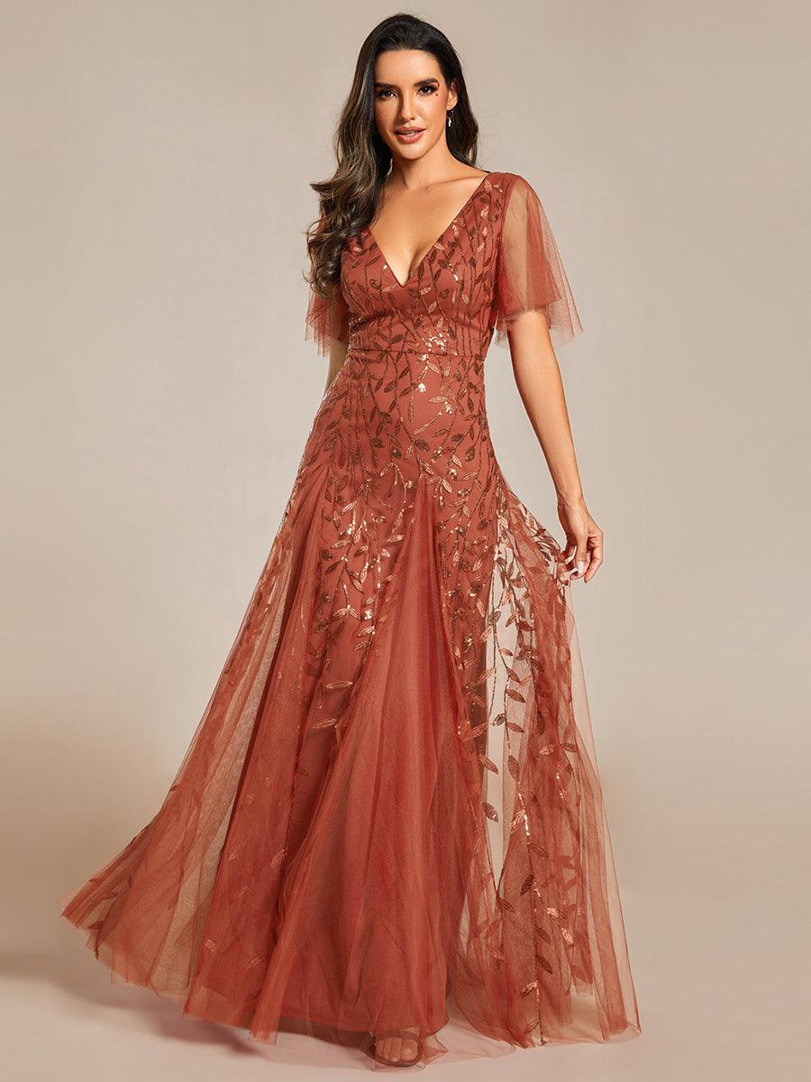 Robe de Soirée Longue Romantique et Scintillante à Col V et Pailletes #Couleur_Burnt Orange