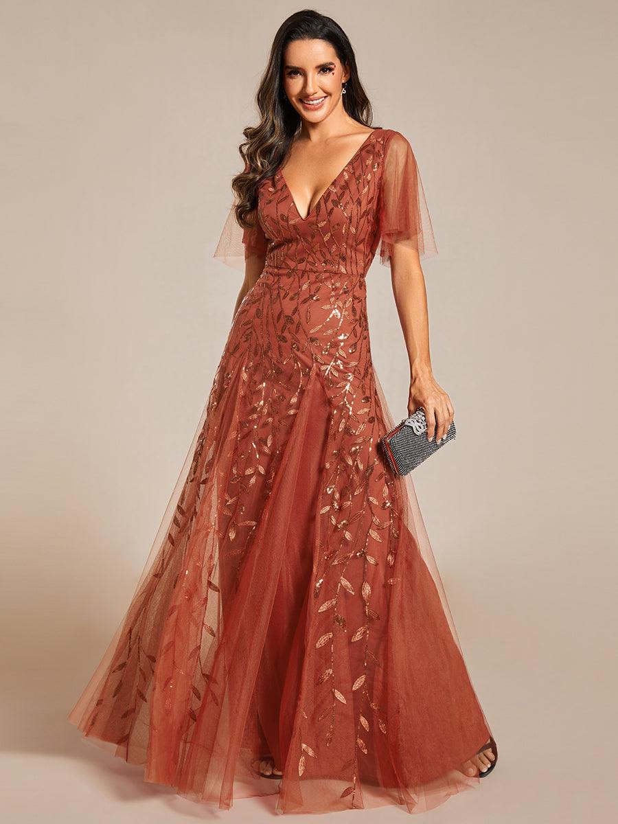 Robe de Soirée Longue Romantique et Scintillante à Col V et Pailletes #Couleur_Burnt Orange